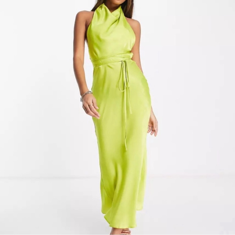 ASOS DESIGN Cowl Neck Halter Midi with Tie Wrap Waist in Lime